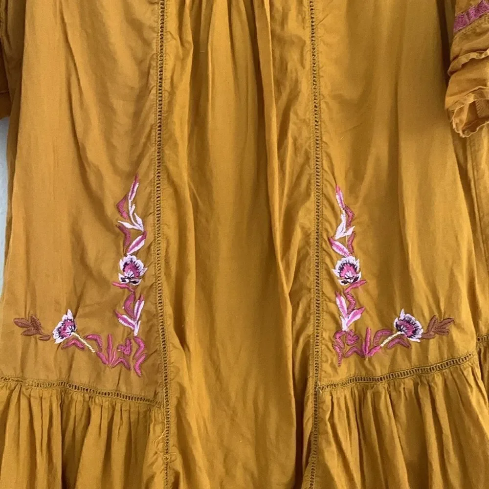 Free People Pavlo mustard yellow boho hippie floral embroidered mini dress small